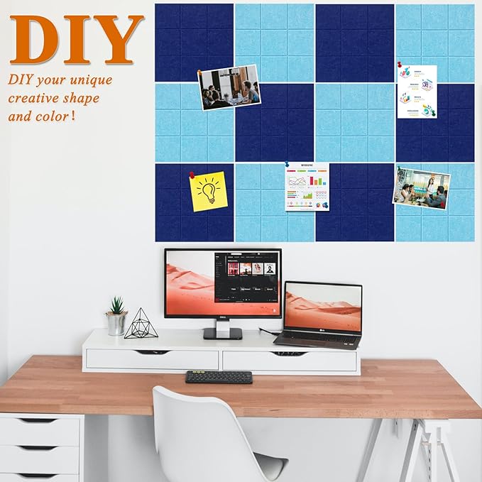Large Square Felt Cork Board Tiles, Self Adhesive DIY Felt Bulletin Board with 35 Pushpins for Office School Home Wall Decor Stickers Memos (Dark Blue & Sky Blue)