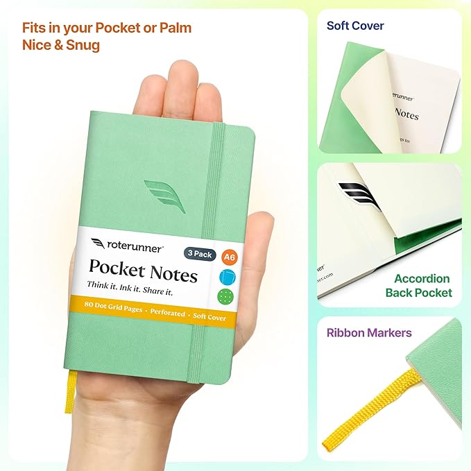 Roterunner A6 Pocket Notebook (Spring Pastel) 3 Pack 3.5x5.5 Dotted Mini Notebook Journal 100Gsm Perforated Paper, Work Gym Travel Journal Notebook, Leather Small Notebook Numbered with Notes Index