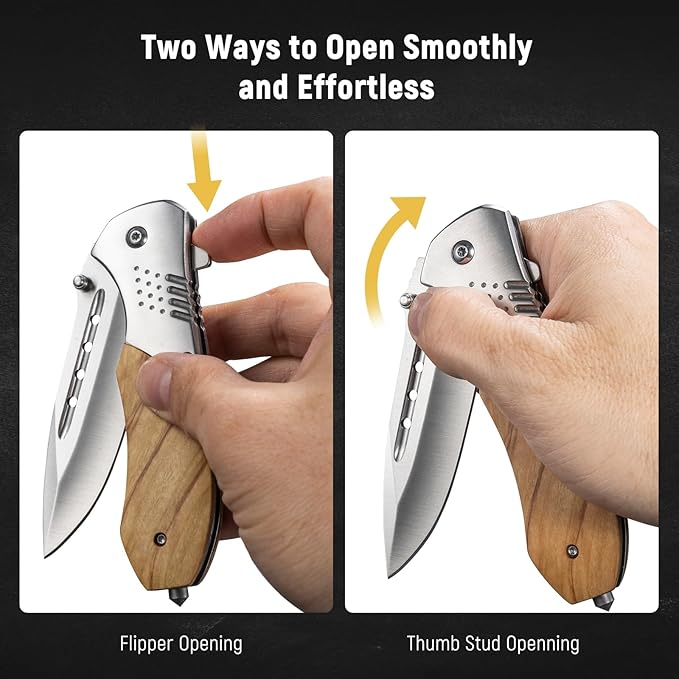 Pocket Knife for Men - Sharp Blade Wood Handle Pocket Folding Knives with Clip, Glass Breaker - EDC Knives for Survival Camping Fishing Hiking Women, Large, Olive