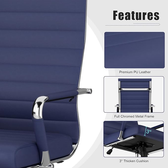 Okeysen Office Desk Chair, Ergonomic Leather Modern Conference Room Chairs, Executive Ribbed Height Adjustable Swivel Rolling Chair for Home Office Set of 8. (Blue)