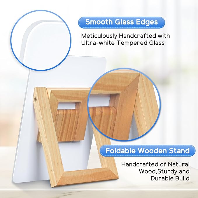 Desktop Glass Whiteboard, 9.5"x 6.7" Desk Dry Erase Board with Wood Stand | Reversible Wooden Stand, Small Dry Erase Board, Portable Whiteboard for Desk, Reusable Desk Notepad for Home, Office