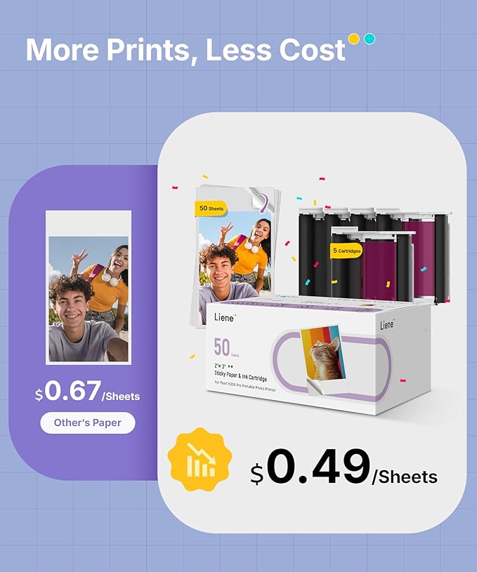 Liene Pearl N200 Pro Portable AI Photo Printer, Instant Mini Picture Printer for iPhone Smartphone, Thermal Dye Sublimation Bluetooth Sticker Maker 50 Sheets 2x3 Adhesive Paper & 5 Cartridges, Purple
