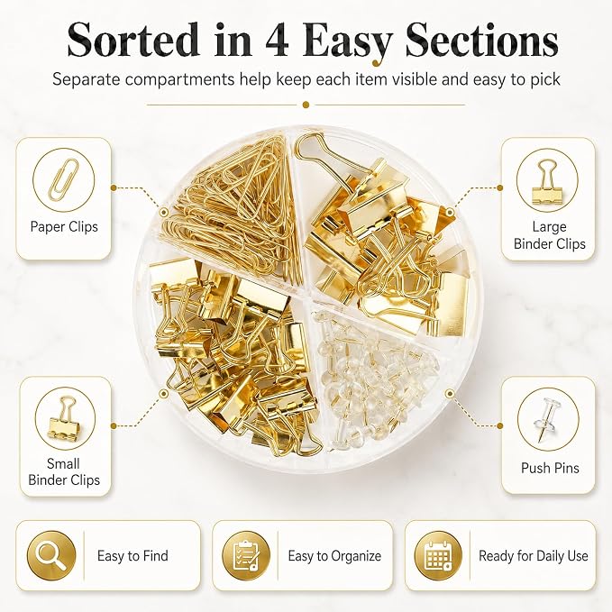 Paper Clips Binder Push Pin Set, Assorted Sized Binder Clips | Cute Office Supplies, Aesthetic Desk Accessories Teachers Desk Must Have, Paper Clips and Binder Clips Set, Gold, 1 Pack