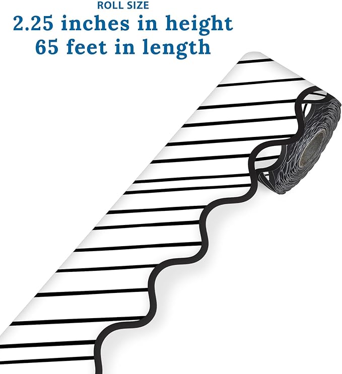 Carson Dellosa 65Ft of Black and White Bulletin Board Borders, 1 Roll of Striped, Scalloped Trim for Rolling Whiteboard, Posterboard, Party, Office Decorations, and Classroom Decor