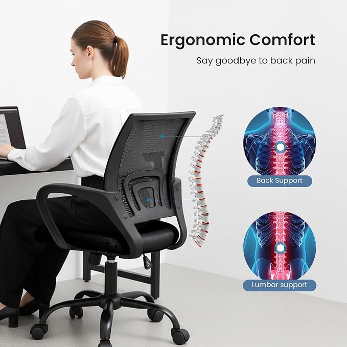 DUMOS Home Office Chair - Ergonomic Mid Back Mesh Desk Chair with Lumbar Support & Rocking Mode, Height Adjustable with Fixed Armrest, for Computer, Gaming, Meeting, 360° Swivel, Black, 2 Pack
