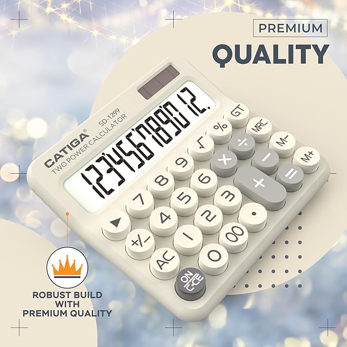 CATIGA Mechanical Switch Calculator with Solar and Battery Dual Power, 12-Digit Large LCD Display, Aesthetic and Cute Desktop Calculator with Big Button, for Home, School and Office Use, SD-1299