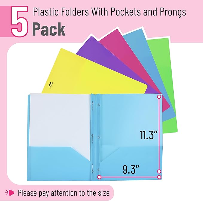 Mr. Pen- Plastic Folders with Pockets and Prongs, 5 Pack, Letter Size, Flexible Plastic Folders with Prongs
