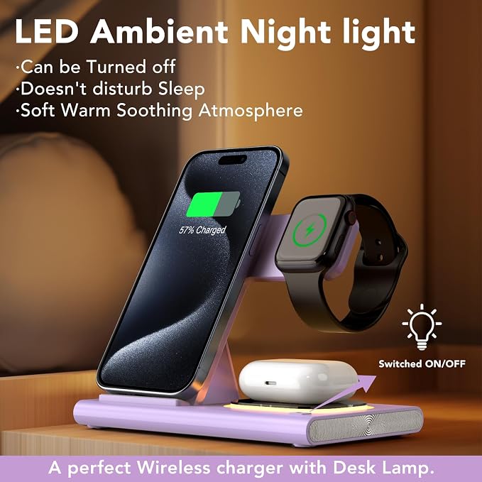 3 in 1 Foldable Wireless Fast Charging Station for Apple Multiple Devices | iPhone Charging Station for iPhone 17, Travel iWatch Charger Stand, Light Nightstand Charging Dock for Apple Watch/Airpods