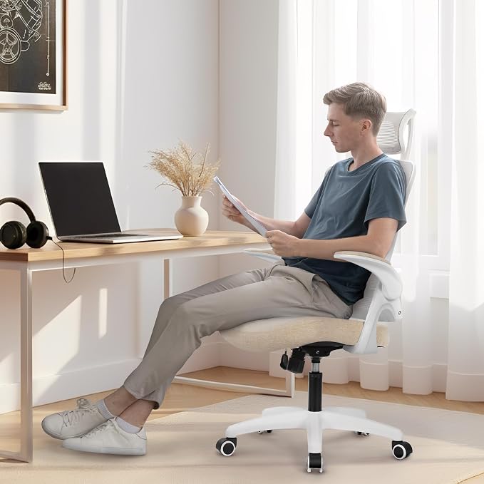 NEO CHAIR Office Desk Chair with Ergonomic High Back Mesh Headrest, Beige | Adjustable Headrest and Lumbar Support with Flip-Up Armrests Designed for Extended Sitting Comfort While Saving Space