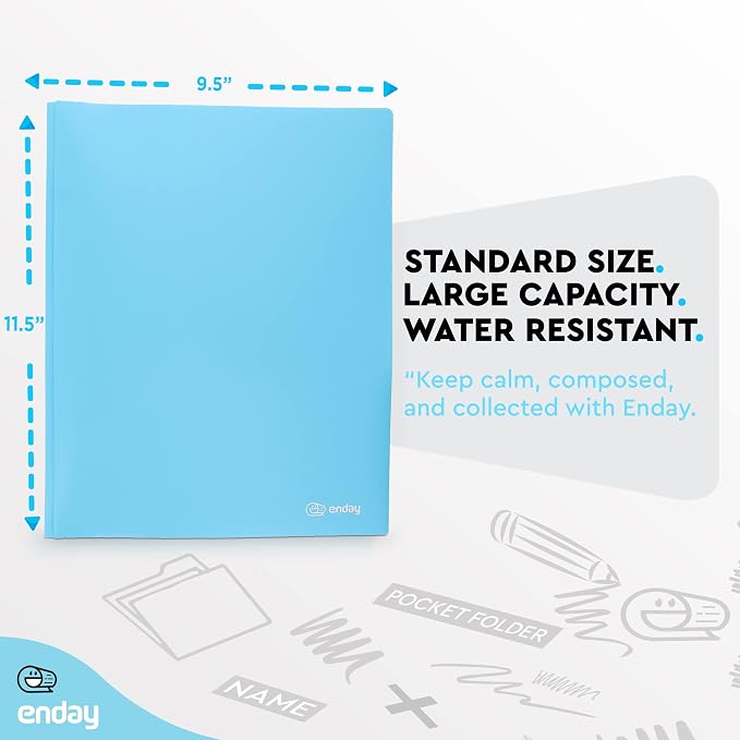 Plastic Folders with Pockets and Prongs Blue - Two Pocket Folder with Brads - 3 Prong Folders with Pockets for Letter Size Sheets, Also Available in Purple, Green, Red, Pink, and Grey, 1 Pc –by Enday
