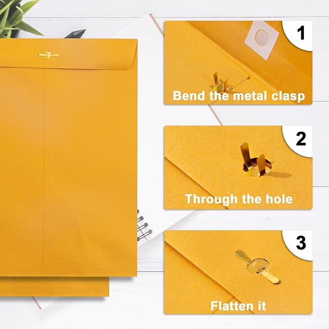 Clasp Envelopes 10x13, 100 Pack Goefun Brown Yellow Manilla Envelopes 10x13-100GSM Heavy Kraft Paper, with Clasp and Gummed Seal for Mailing