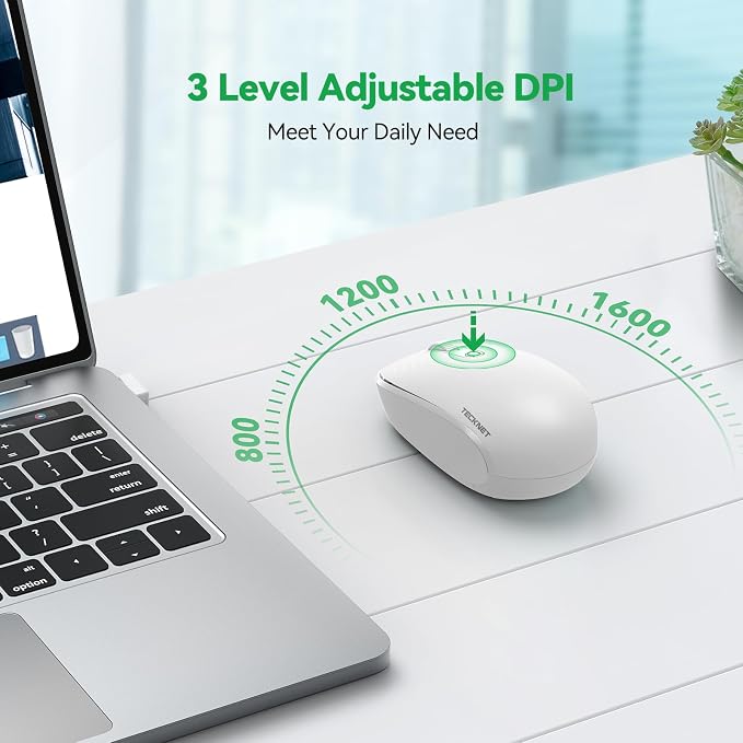 TECKNET Compact Ambidextrous Wireless Mouse for Laptop White | 2.4G Quiet Computer Mouse with USB Receiver, 3 Adjustable DPI Portable Cordless Mice for Chromebook, Laptop, PC, Mac