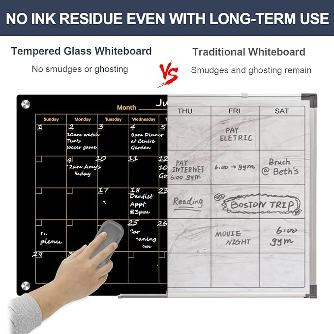 Calendar Whiteboard for Wall 36x24 Black Magnetic Glass Dry Erase Board | Magnetic Surface, Dry Erase, Large Frameless Glass Whiteboard, Ideal for Office Home School Classroom Kitchen