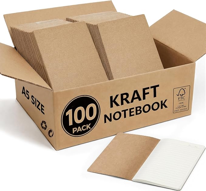 100 Pack Kraft Notebooks Bulk A5, 60 Pages Lined Ruled Journals, 8.3x5.5 Inches, Natural Kraft Cover Composition Notebooks for School Office Students Artists