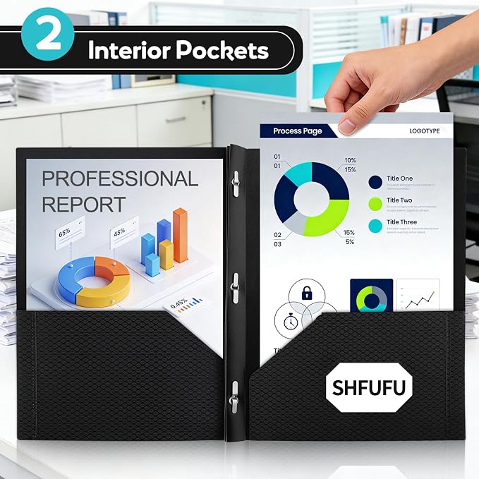 24 Pcs Textured Folders with Pockets and Prongs (Black),Fit Letter Size Paper,Business Card Slot,2-Pocket Folder for School Office or Home,Durable Acid-Free Poly,Back to School Supplies Bulk