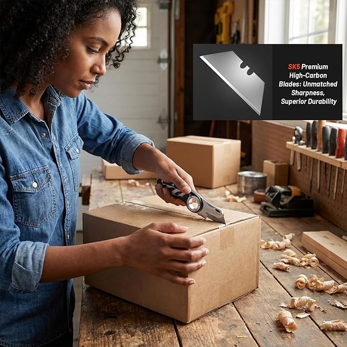 Folding Utility Knife Pocket Knife, Heavy-Duty Box Cutter with Aluminum Body, Quick Change Blades, Anti Slip Finger Loop, Box Cutter for Home, Office, Warehouse, Durable Razor Knife, Box Knife - Black