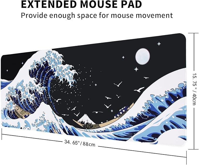 MEWOOCUE® Gaming Mouse Pad for Desk,Large Wave Mousepad Laptop,Black Japanese Anime Mouse Mat,Long XXL Waterproof Keyboard Pads,Big Non-Slip Mousepads for Game Office Home（35.4 x 15.7 in）