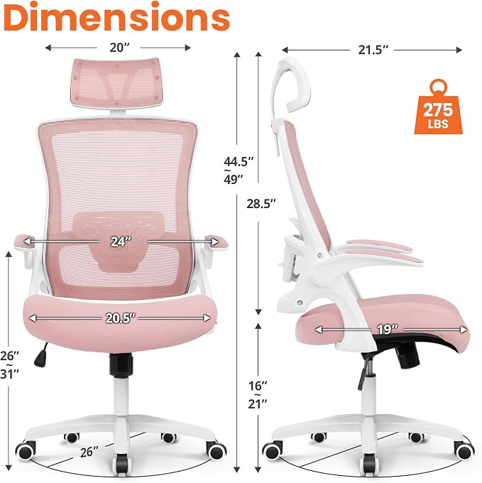 NEO CHAIR Office Desk Chair with Ergonomic High Back Mesh Headrest, Pink | Adjustable Headrest and Lumbar Support with Flip-Up Armrests Designed for Extended Sitting Comfort While Saving Space