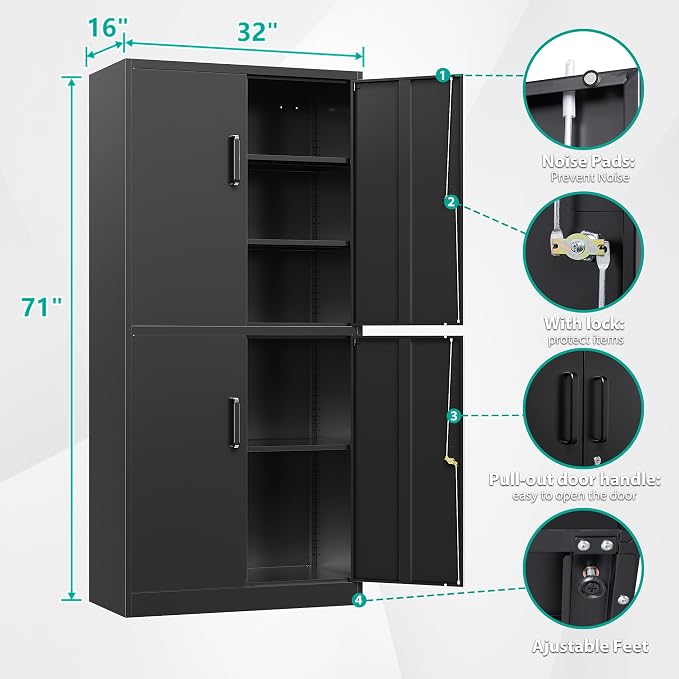 Metal Storage Cabinet with 3 Adjustable Shelves and 4 Doors,71" Garage Storage Cabinet with Lock,Black Metal Cabinets with Locking Doors,Steel Tool Cabinets,Lockable Cupboard for Home,Office,Garage