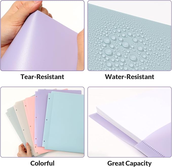 GNL Plastic Folders with Pockets 3 Hole Punched, Pack of 5, 2 Pocket Folders for 3 Ring Binder，Muted Pastel Colors, Heavy Duty Binder Folder for School, Home and Office