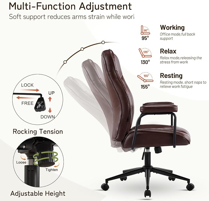 Leather Office Chair, Comfy Home Office Desk Chair, Mid Century Modern Office Chair with Lumbar Support, Mid-Back Adjustable Swivel Computer Chair with Wheels and Arms, Dark Brown