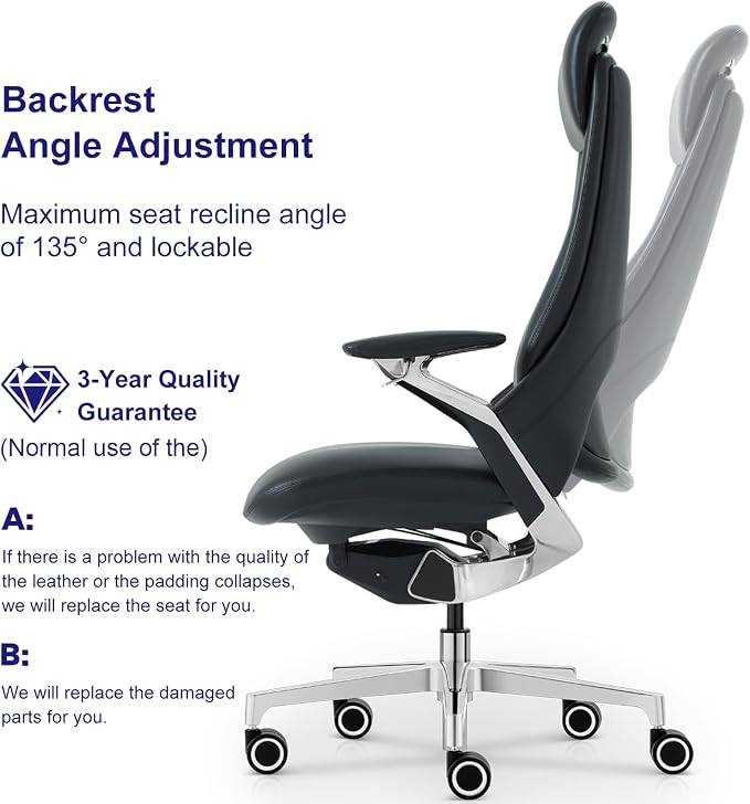 Genuine Leather Executive Office Chair，Top-Grain Cowhide, Ergonomic Design | Adjustable seat and headrest heights, 3-position recline (lockable)—suitable for home offices and high-end office settings.