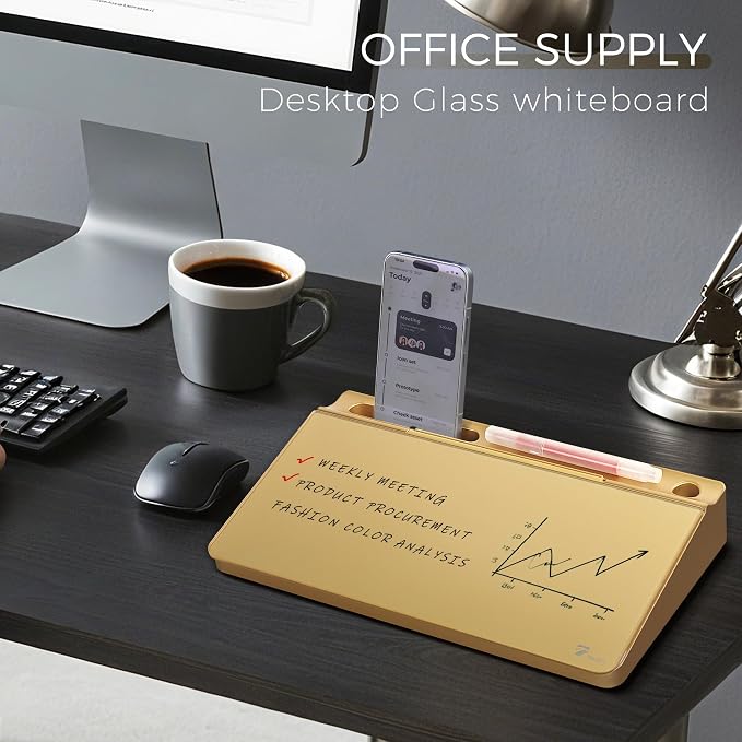 TOWON Compact Glass Desktop Whiteboard with Storage 12x7 in, Metallic Gold | Glossy metallic mirror finish, 5 markers, eraser and holder included, dry erase surface for the office or home desk