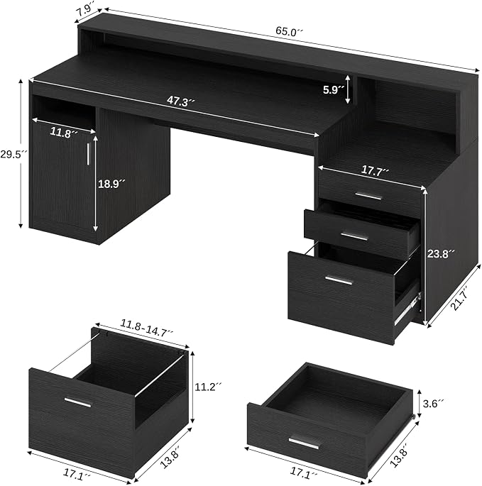 65" Black Computer Desk with 3 Drawers & Printer Shelf for Home Office | Computer Desk with Printer Shelf & File Drawer, Executive Desk Writing Study Table with Monitor Stand, Black