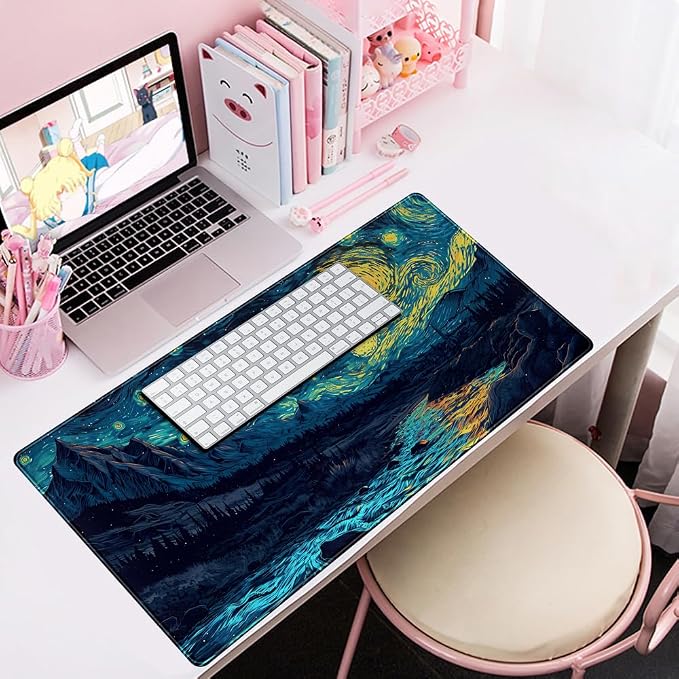 Misty Forest Desk Pad Mat Vincent Van Gogh XL Mouse Pad Gaming Playmat Large Mousepad XXL Desk Laptop Pad Equipped with Waterproof Storage Bag Non-Slip Stitched Edges (31.5x15.7 in)