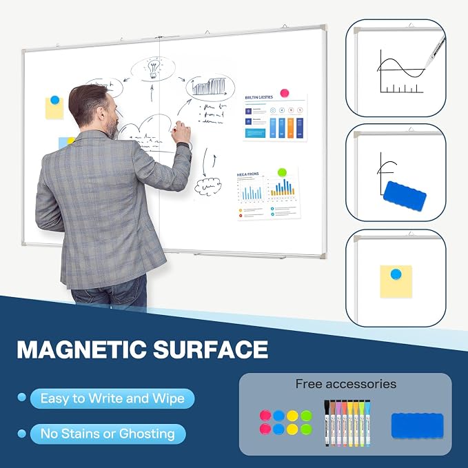 Double-Sided White Board Dry Erase Magnetic Whiteboard Wall 72x40 Foldable | Smooth Write & Clean, Durable 11-Layer, Aluminum Frame, Easy Wall Mount & Hanging, Full Kit for Home, Office, School