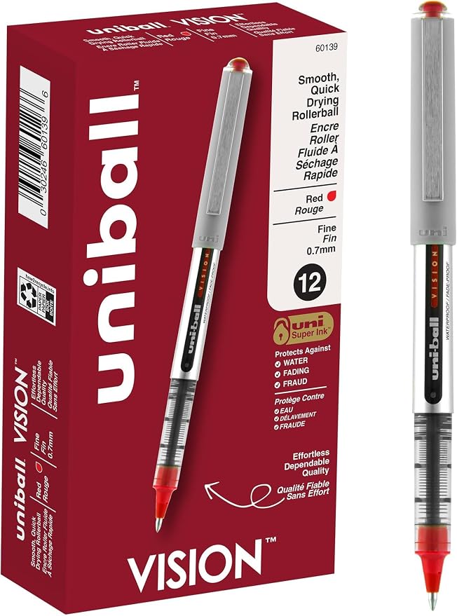 Uni-Ball uniball Vision Rollerball Pens with 0.7mm Fine Point, Red, 12 Count (Pack of 12)