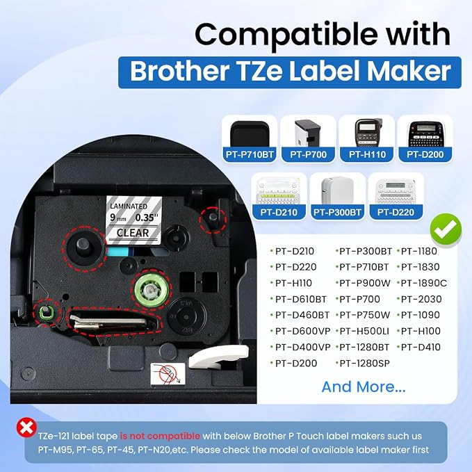 9mm Clear Label Tape TZe-121 Replacement for Brother P Touch 3/8 | Compatible with Brother Ptouch TZe TZ Tape 9mm 0.35 Laminated Clear for PT D210 PTD220 PT-D200 PT-H110 PTD400, 4-Pack