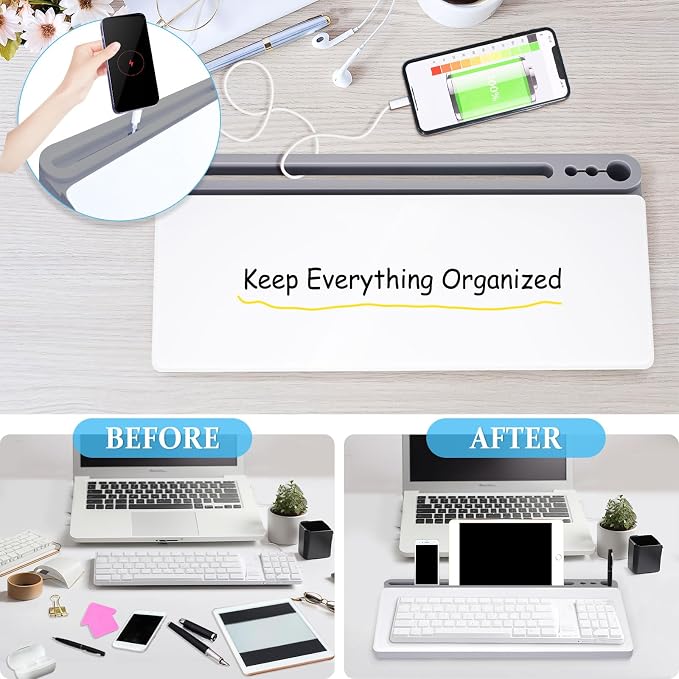 DOLLAR BOSS Glass Desk Whiteboard Small Dry Erase Board, Grey | Desktop White Board with Storage Drawer, Computer Keyboard Stand, Desk Organizer, Office Supplies, With Markers, Eraser