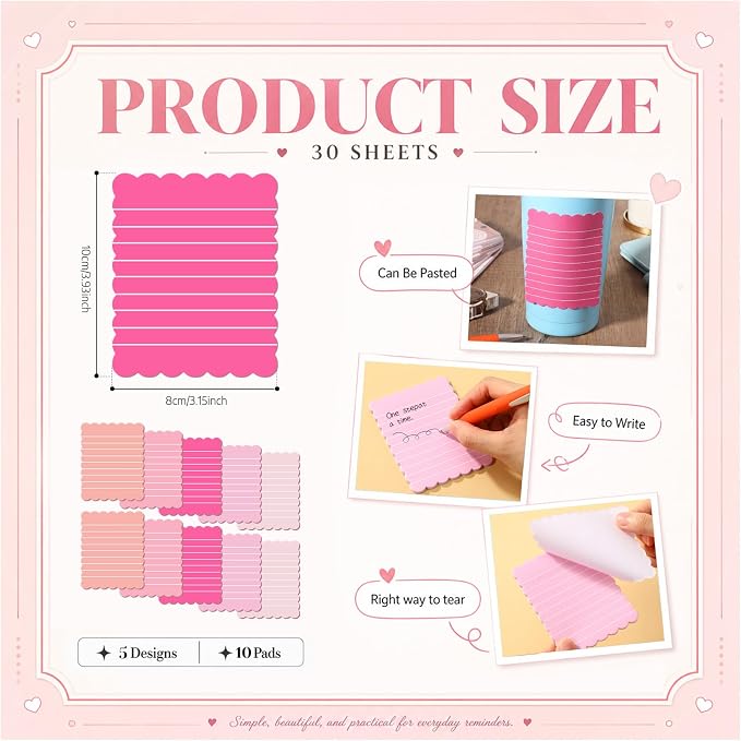 Epakh 10 Pack Scalloped Line Sticky Notes, Gradient Pink Pads, 3 x 4 Inch | 300 Sheets, Small Notes Pads, Thick Note Pads, Strong Adhesive, Back to School Office Supplies
