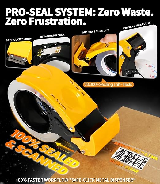 Heavy Duty Packing Tape with Metal Dispenser, 2.7 Mil Ultra-Thick Shipping Tape for Moving & Packaging, 1.88 Inch x 360 Yards, Crystal Clear Tape Refills for Boxes, Easy Start & Long-Lasting