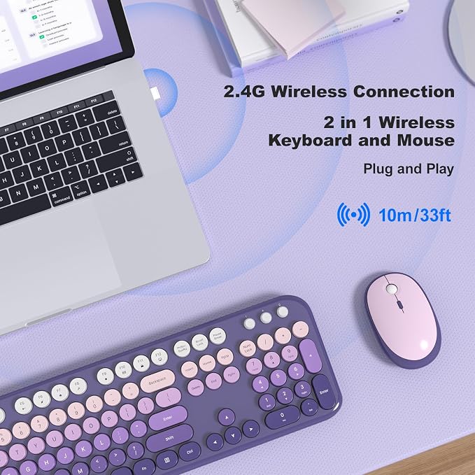 MOFII Wireless Keyboard and Mouse Combo, Full Size 2.4G Retro Round Computer Keyboard and Mouse Set, Plug and Play, for Windows, Computer, Desktop, PC, Notebook - (Purple Gradient)