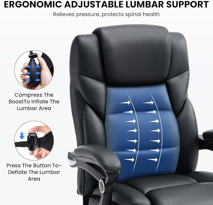 650lbs Big and Tall Office Chair Support for Heavy People,Reclining Executive Office Desk Chair with Foot Rest,Ergonomic High Back PU Leather Computer Chair with Adjustable Lumbar Support,Black