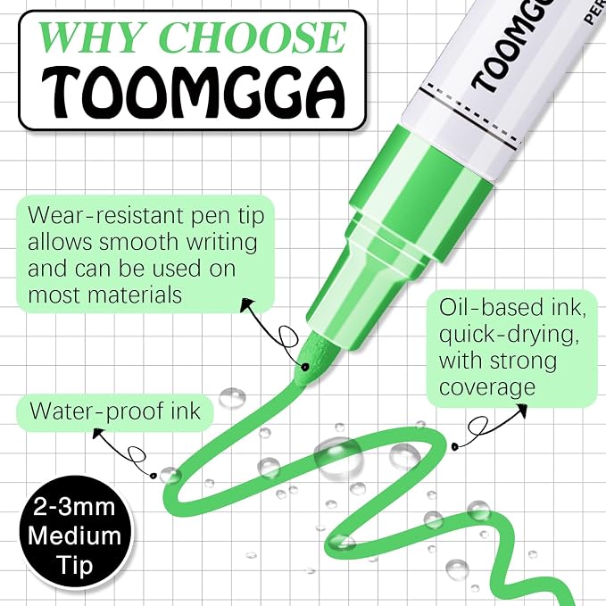TOOMGGA 2 Light Green Paint Pens Permanent Paint Markers, Oil Based Medium | Marking Pens, Quick Drying, Waterproof, Fade-resistant, for Rock Painting, Car Tyre, Metal, Plastic, Canvas, Mugs, Wood