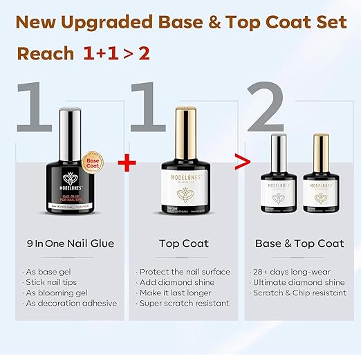 modelones Gel Nail Glue 9 in One Base Gel and No Wipe Top Coat Set 2Pcs for Gel Nail Polish Adhesive Nail Extension Gel Rhinestone Glue Nail Art LED Need 15ml