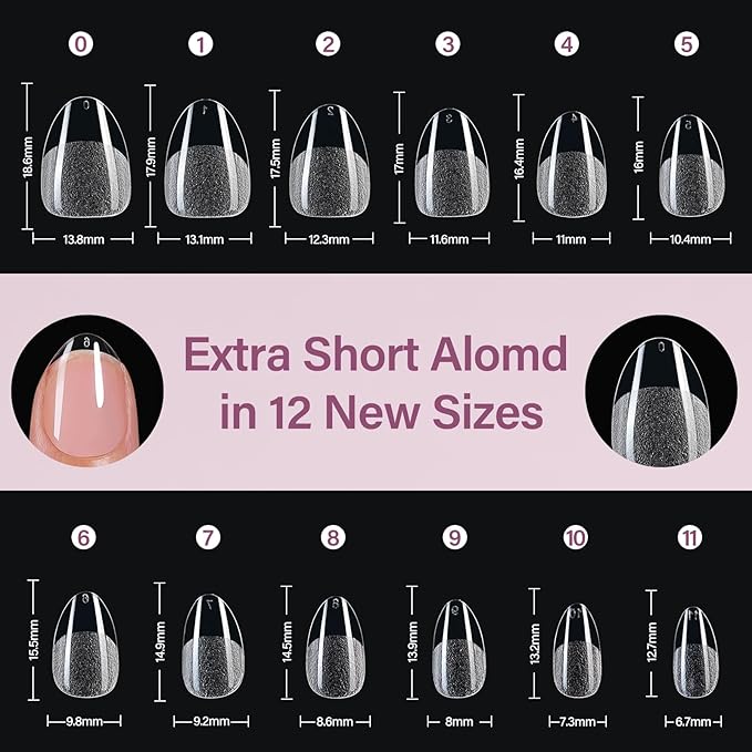 Misssix Extra Short Almond Gel Nail Tips Kit, 360Pcs Pre Etched Clear gel x Fake Nails, Full Cover False Nail 9-in-1 Gel Glue and Portable Mini U V Nail Lamp for Women 12 Sizes