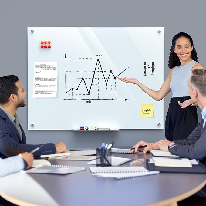 MaxGear 48" x 36" Glass Whiteboard Wall Mounted for Office Home Classroom | Magnetic Glass Dry Erase Board, Tempered Glass, Steel Backed, Non-Porous Surface, Frameless Design, Hardware Included
