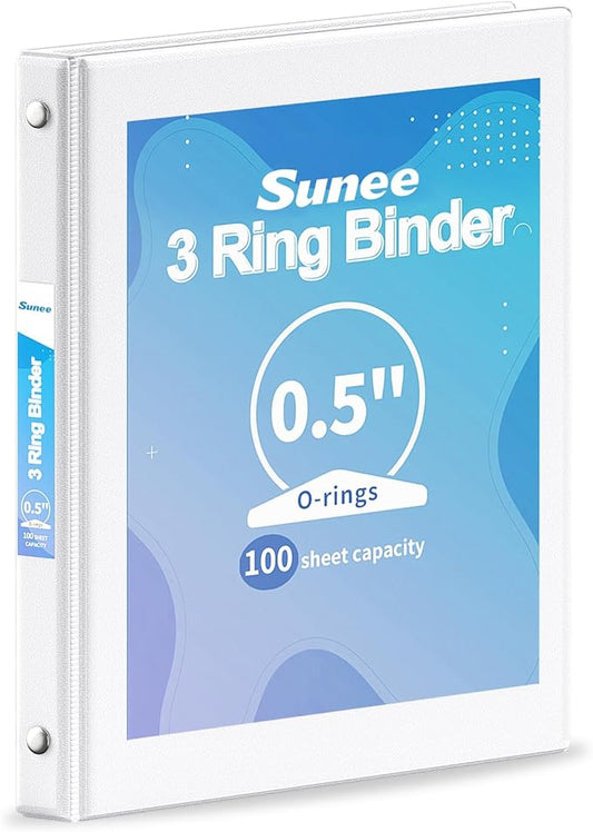 SUNEE 3 Ring Binder 1/2 Inch 1 Pack, Clear View Binder Three Ring PVC-Free (Fit 8.5x11 Inches) for School or Office Supplies, White