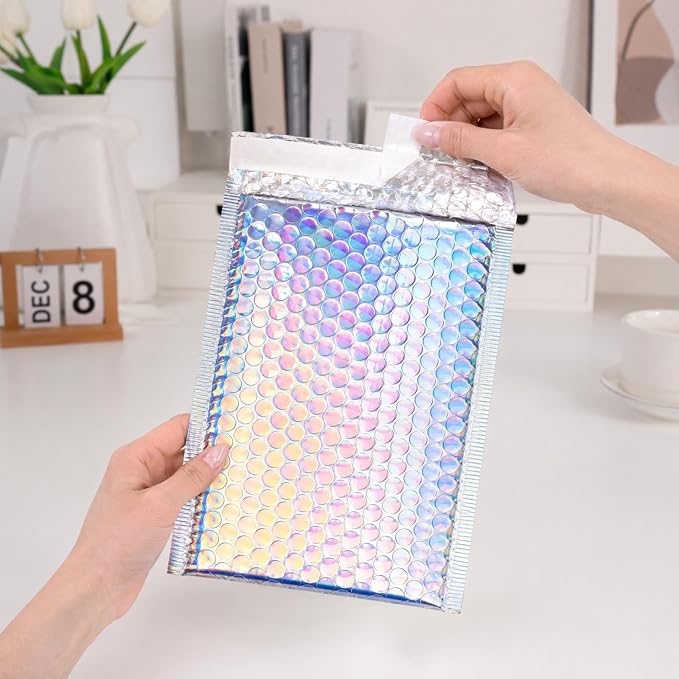 ZAVOOS 50 Pieces Metallic Bubble Mailers, 3 Sizes | Holographic Poly Padded Envelopes, Self-Seal Waterproof Bubble Shipping Envelopes for Mailing, Packing, Small Business