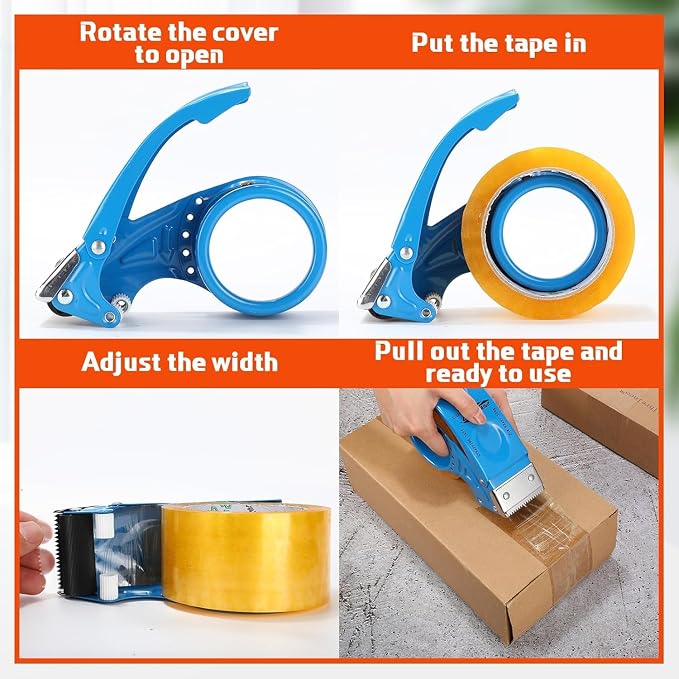 PROSUN 2 Pack Heavy Duty Metal Packing Tape Dispenser Gun and 2 Replacement Blades:2-inch Wide Tape Dispenser for Shipping, Moving, Office & Warehouse(2026 New Set 2" Orange+2" White)