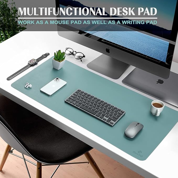 K KNODEL Small Office Desk Mat, Leather Mouse Pad (23.6"x13.8", Green) | Desk Pad, Keyboard Pad, Computer and Laptop Mat, Desktop Protector and Cover, Writing Pad and Blotter for Home Office