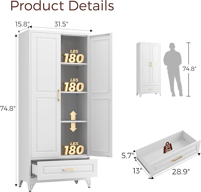 75" Kitchen Pantry Cabinet, Metal Storage Cabinets with 2 Doors | Kitchen Cabinet with Drawer & 3 Adjustable Shelves, Tall Food Pantry Cabinet, Cupboard for Kitchen, Dining Room, Living Room