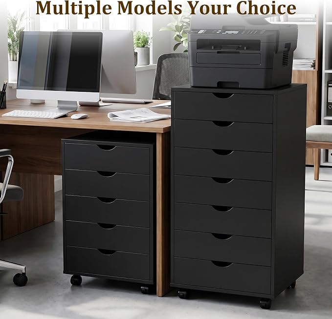 5 Drawer File Cabinet with Wheels, Under Desk Storage Drawers, Black | 5 Drawers File Cabinet with Wheels for Under Desk Storage, Office Organization and Small Printer Stand