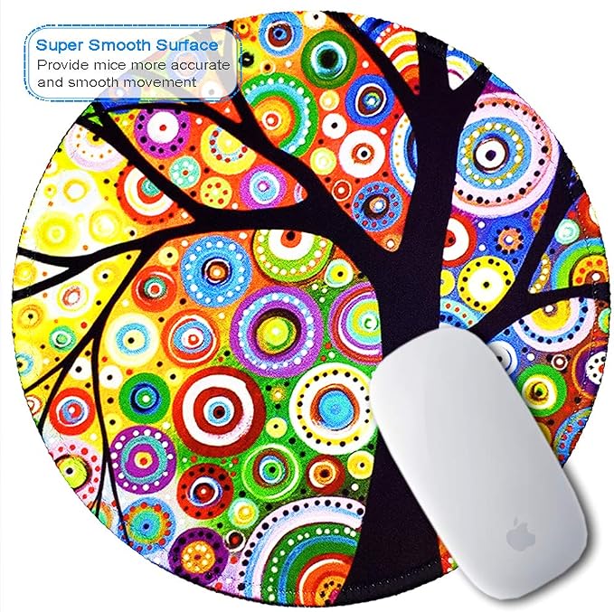 BOSOBO Mouse Mat, Round Mouse Pad with Tree of Life Design, Non-Slip Rubber with Stitched Edges, Cute Office Pad for Girls & Women, 7.9 x 7.9 Inch