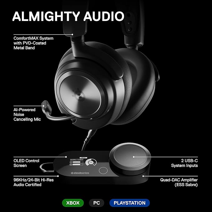 SteelSeries Arctis Nova Pro Multi-System Gaming Headset - Premium Hi-Fi Drivers, Hi-Res Audio - 360° Spatial Audio - GameDAC Gen 2 - ESS Sabre Quad-DAC - Stealth Retractable Mic - PC, PS5, PS4, Switch