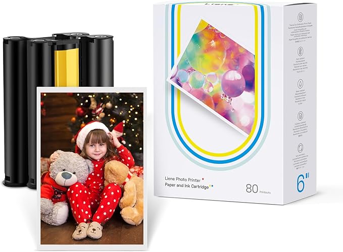 Liene Amber M100/M200/M110/M210 4x6" Photo Printer 80 Sheets Photo Paper & 2 Ink Cartridges Refill, Dye Sublimation, Only for Liene DHP512/DHP513/DHP514/DHP515 Printer, for Display, Framing, Scrapbook
